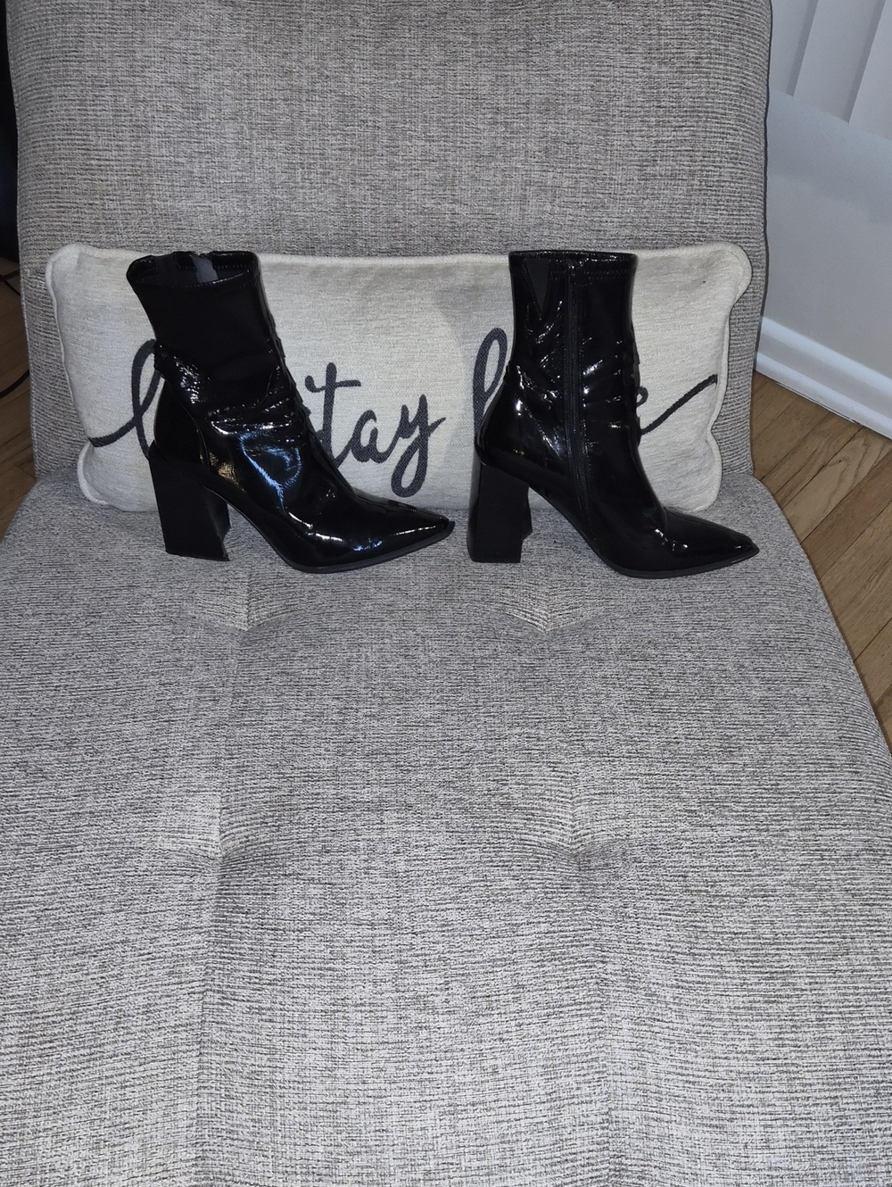 Jeffrey Campbell Black Patent Pointed Block Heel Ankle Boots